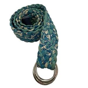 Lilly Pulitzer Woven Belt Braid silver D Ring Cotton Size Medium blue Aqua white